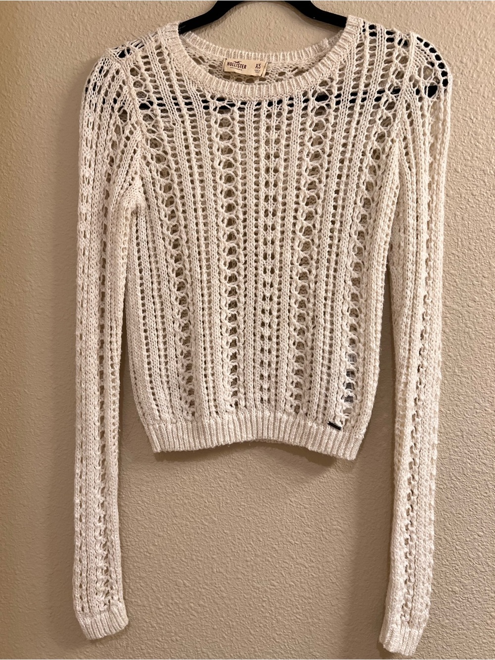 Hollister Open-Knit Crewneck Sweater in White
